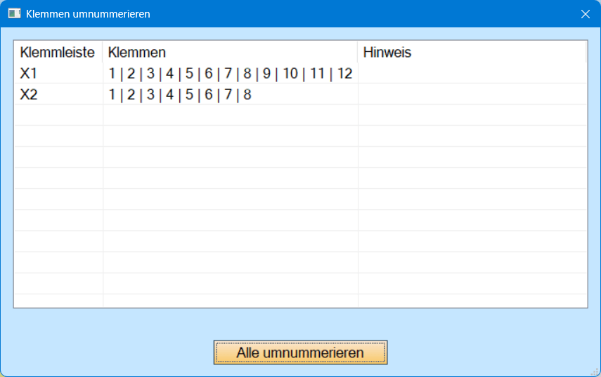 Dialog Klemmen umnummerieren nach der Umnummerierung