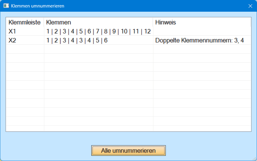 Dialog Klemmen umnummerieren vor der Umnummerierung