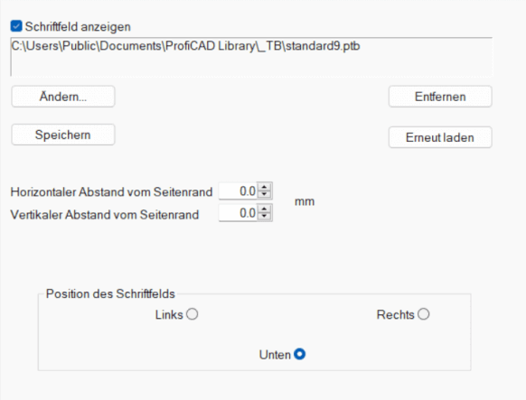 ProfiCAD Einstellungen - Schriftfeld